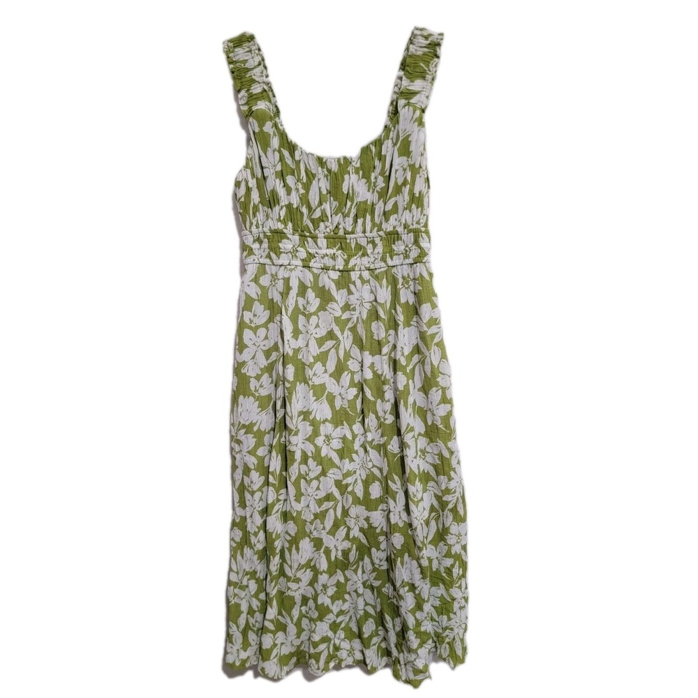 August Sky Floral Crinkle Rayon Dress L Green White Smocked Empire Waist Boho‎
